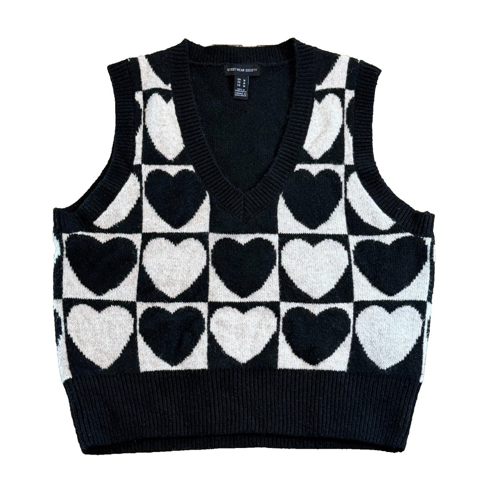 Y2K Womens M‎ Heart Print Sweater Vest Preppy Academia Whimsigoth Valentine